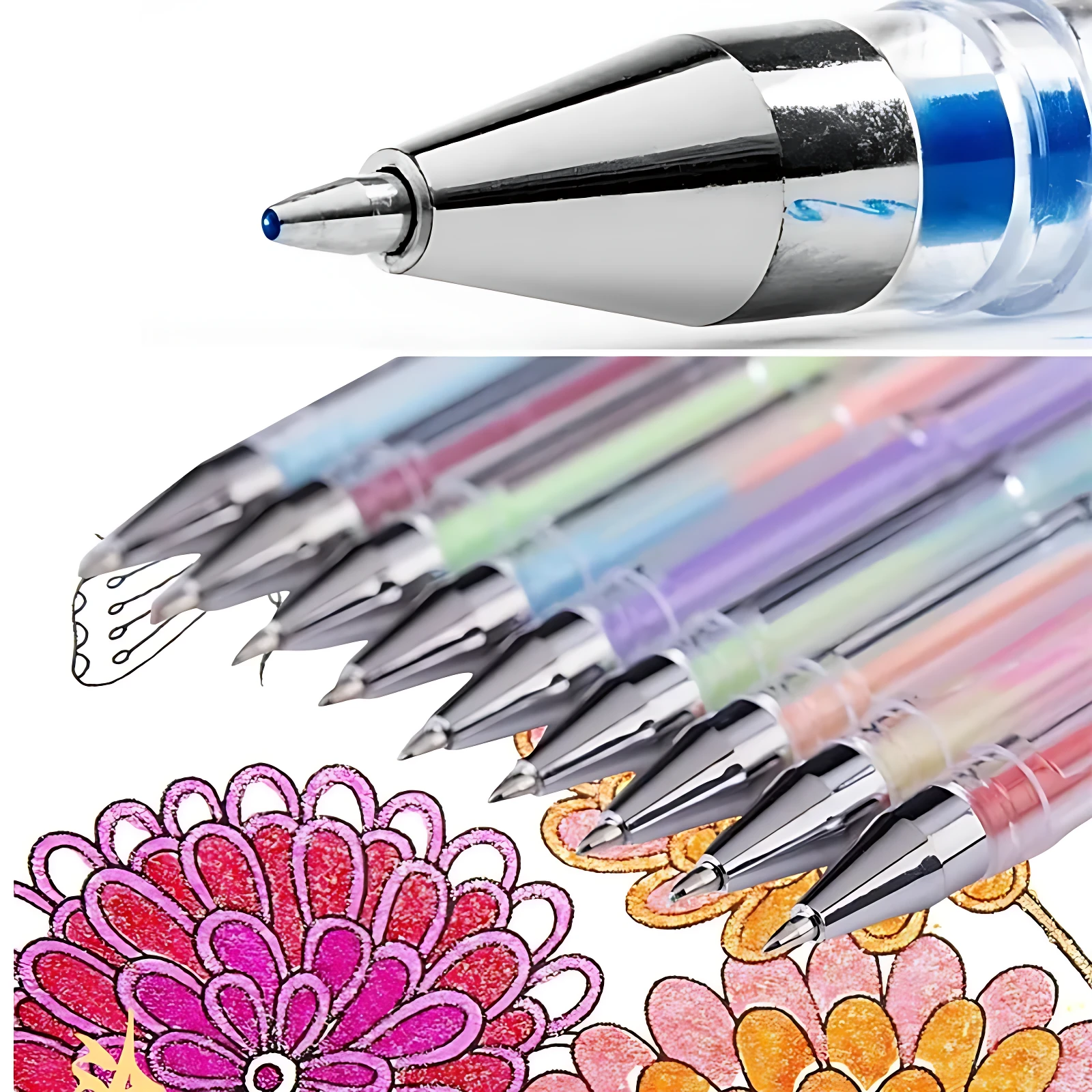 Bolígrafo gel neón 0.09mm con punta metálica y tinta azul visible, en conjunto de seis colores vibrantes para resaltar apuntes escolares y documentos.