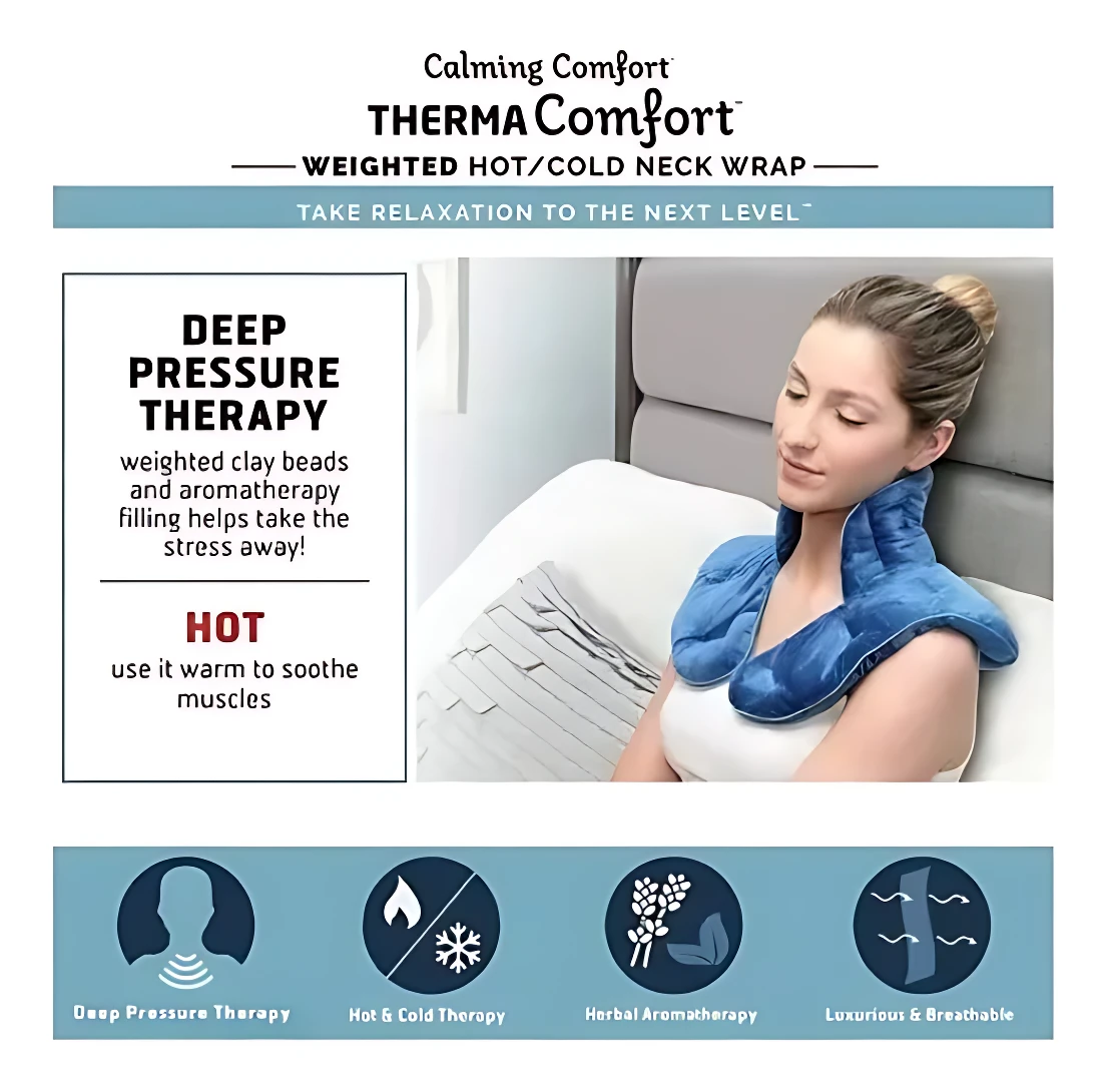Mujer usando collar azul de presión profunda con calor y frío, relleno de perlas de arcilla y aromaterapia, para aliviar tensión muscular y estrés.