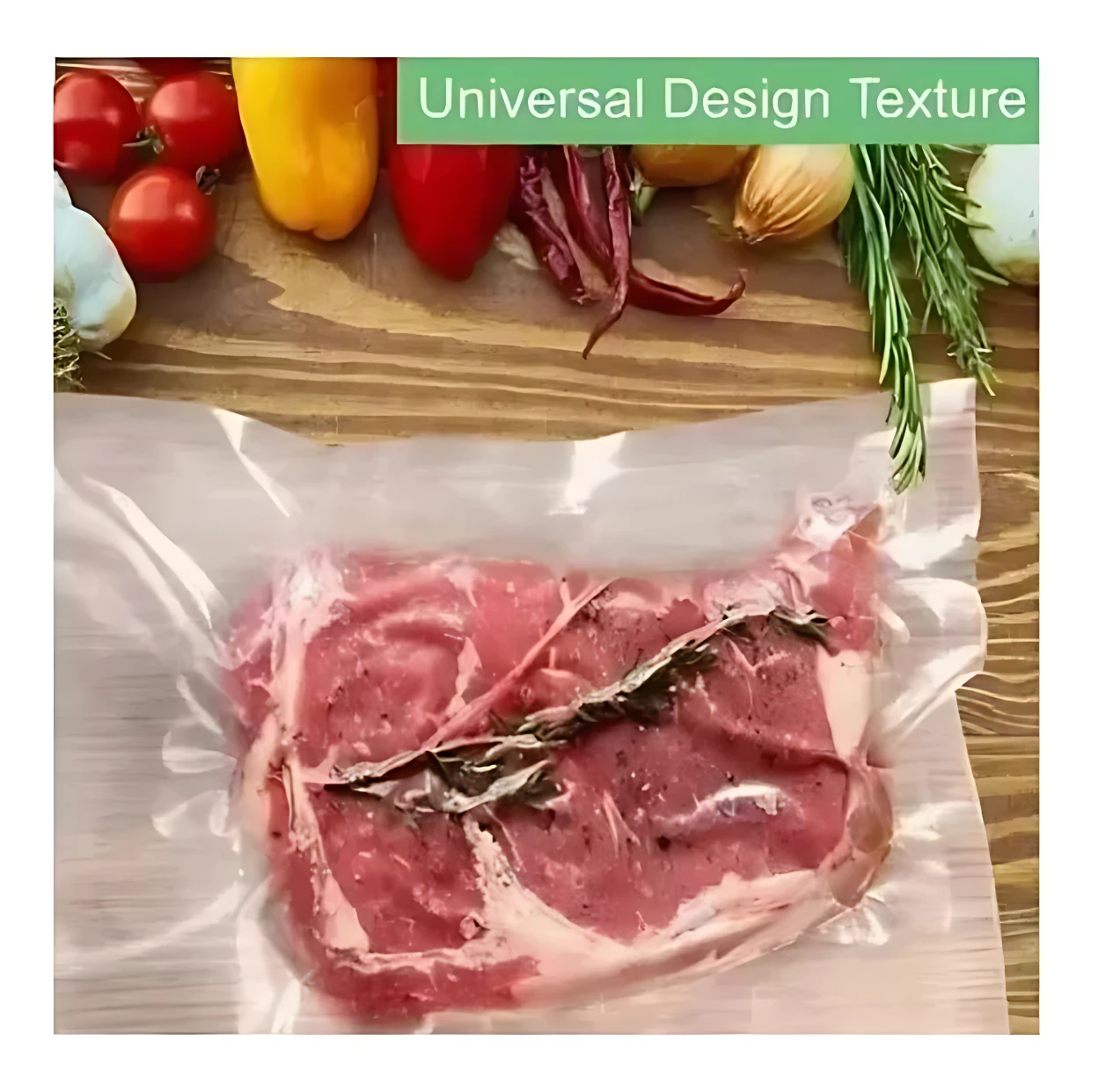 Bolsa de empaque al vacío transparente con carne cruda y hierbas, sobre superficie de madera con vegetales frescos al fondo.