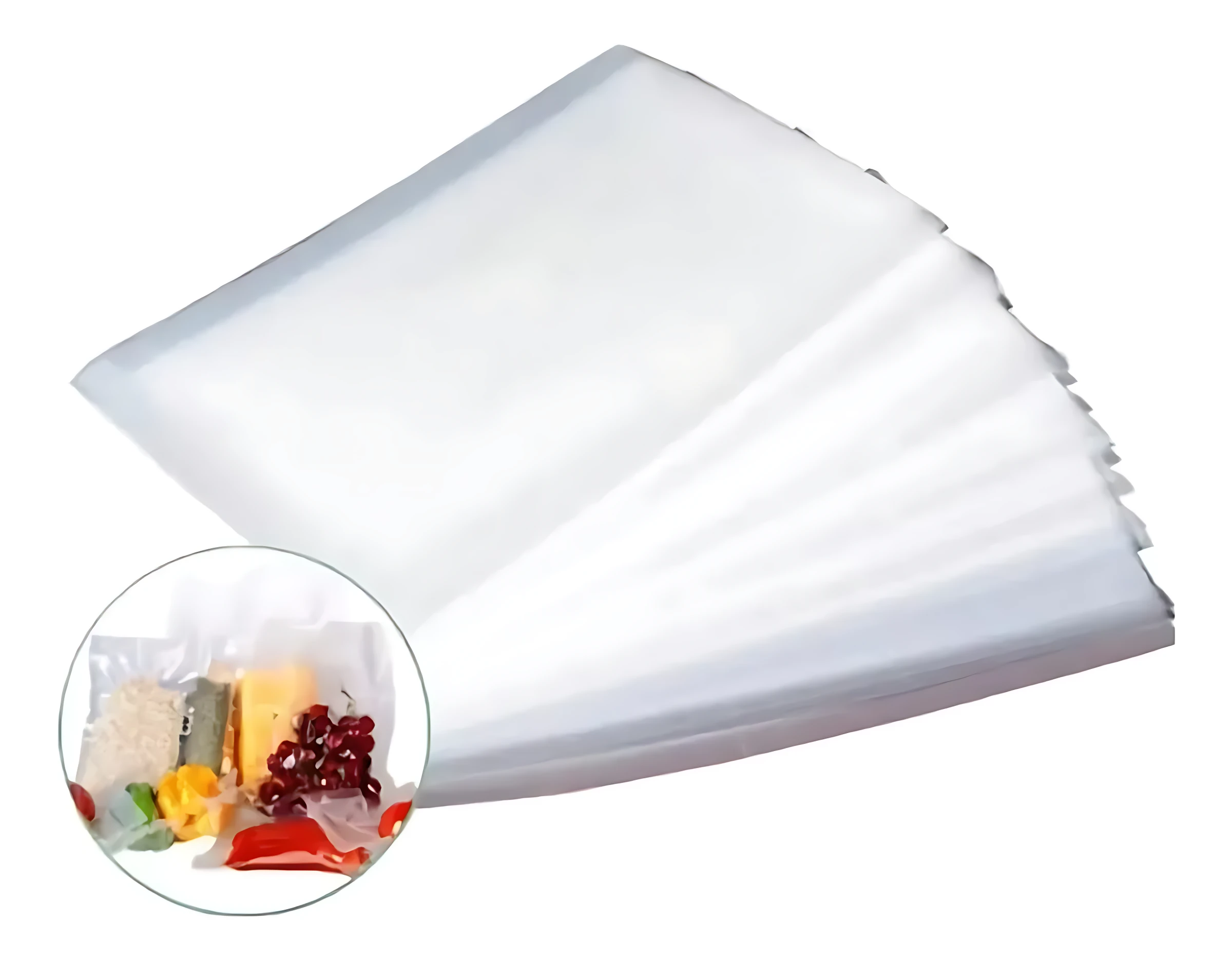Bolsa de empaque al vacío transparente, apilada en diagonal sobre fondo blanco, con inserto circular mostrando alimentos frescos como queso, uvas y vegetales dentro de la bolsa sellada.