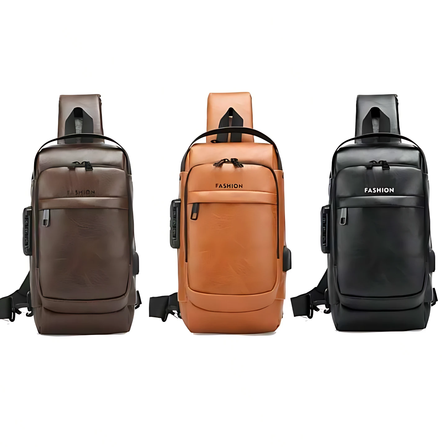 Tres mochilas antirrobo de cuero en marrón, naranja y negro, con bloqueo y puerto USB, mostrando variantes de color frente a fondo blanco.