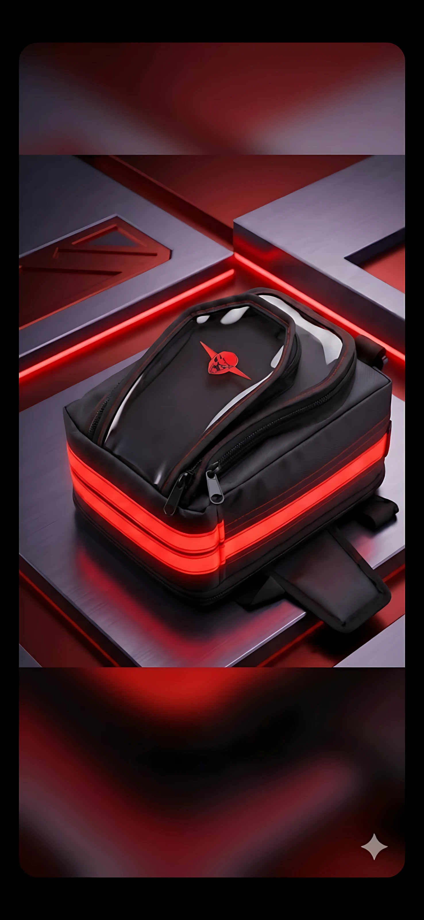 Bolso negro con detalles rojos y logo en relieve, diseñado para montaje rápido en manillar de motocicleta, con luces LED laterales y cierre frontal.
