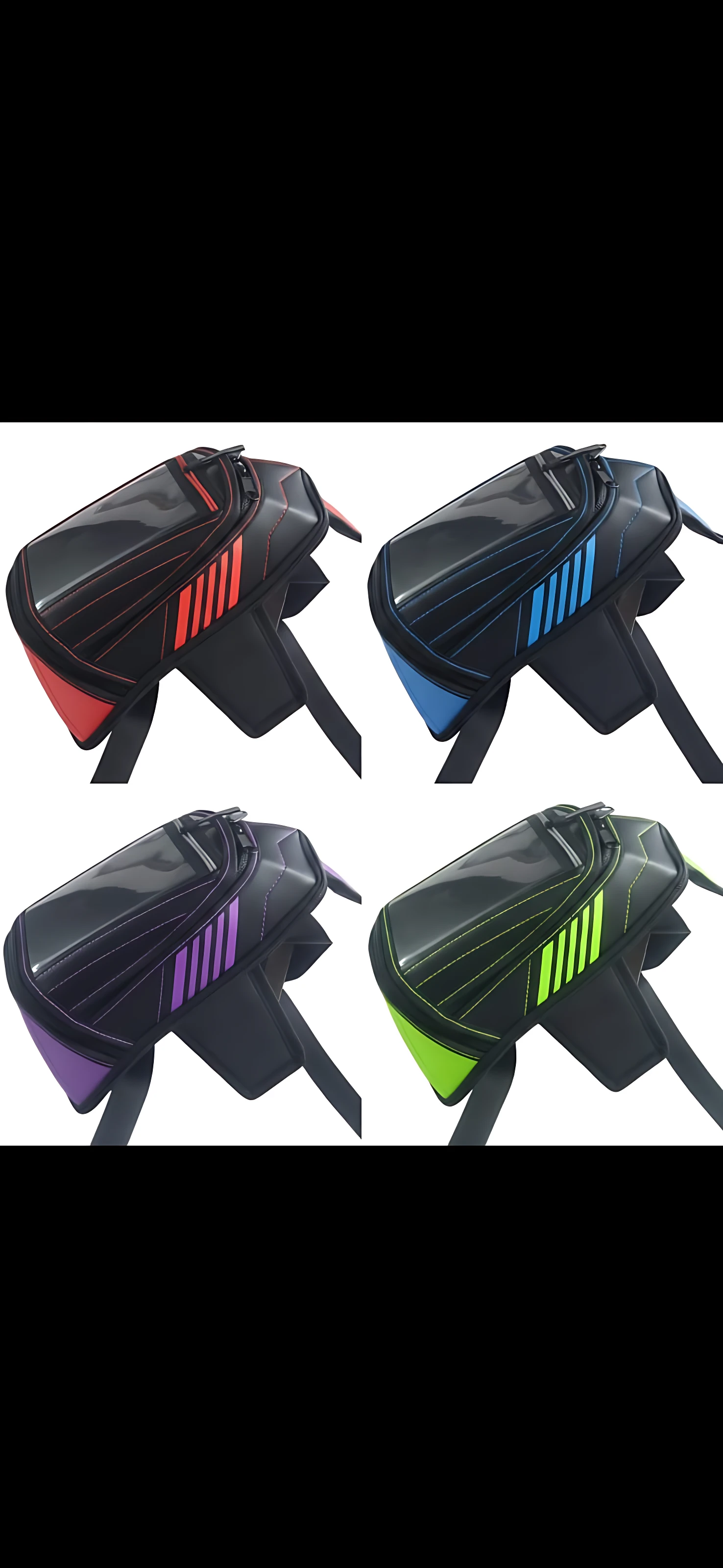 Cuatro bolsos motorizados negros con instalación rápida en manillar, mostrando variantes con detalles en rojo, azul, morado y verde.