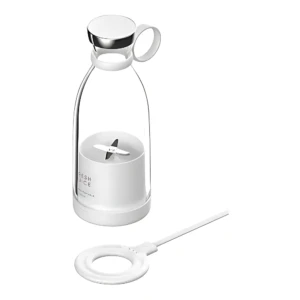 Licuadora portátil blanca de 350 ml con tapa metálica, base motorizada y accesorio de carga inalámbrica visible.