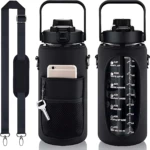 Botellón negro de 2 litros con asa, bolsillo lateral para celular y llave, y cinta de transporte incluida.