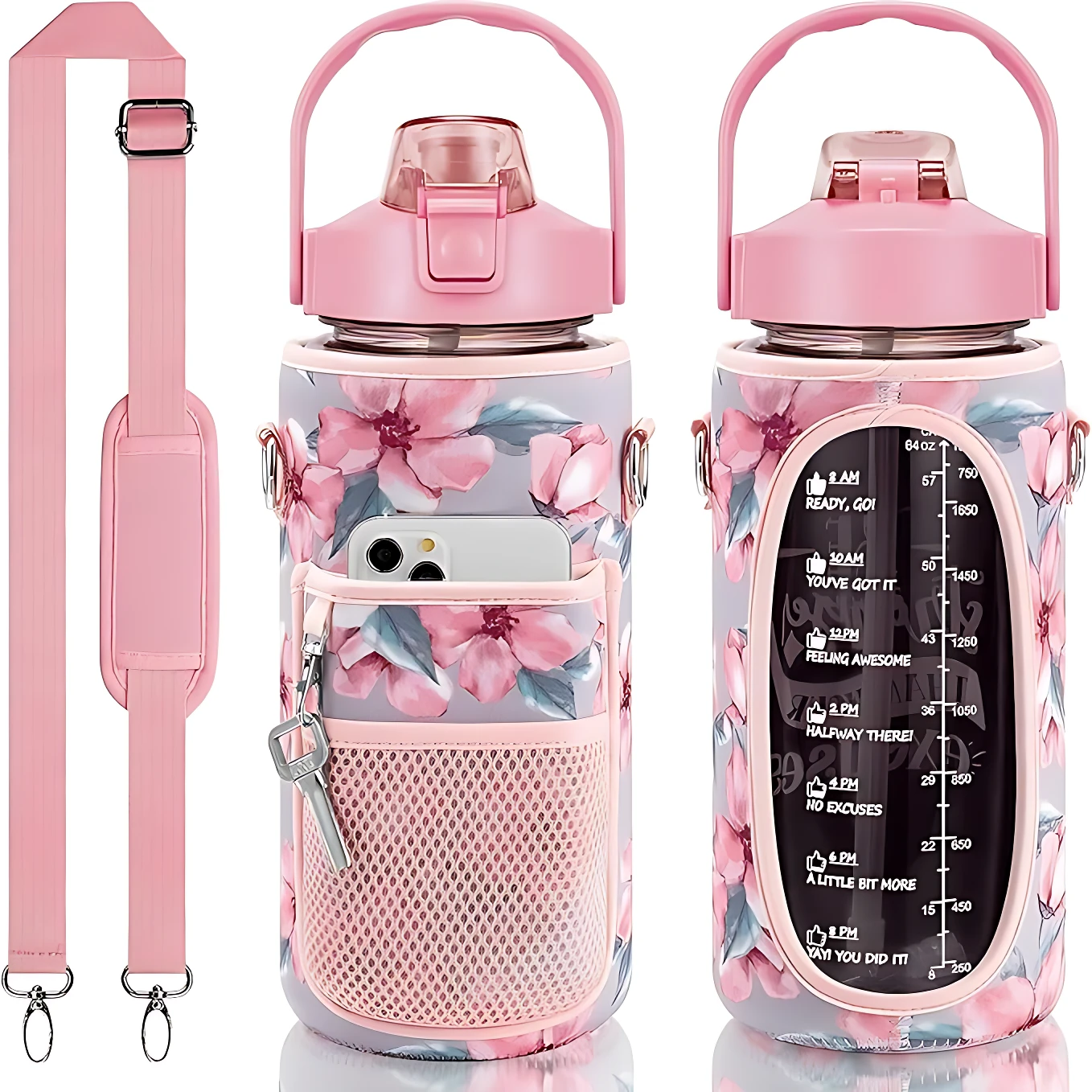 Botellón canguro de 2 litros en rosa con estuche floral, asa ergonómica y bolsillo lateral para celular. Incluye correa ajustable y medidor de líquidos en la parte trasera.
