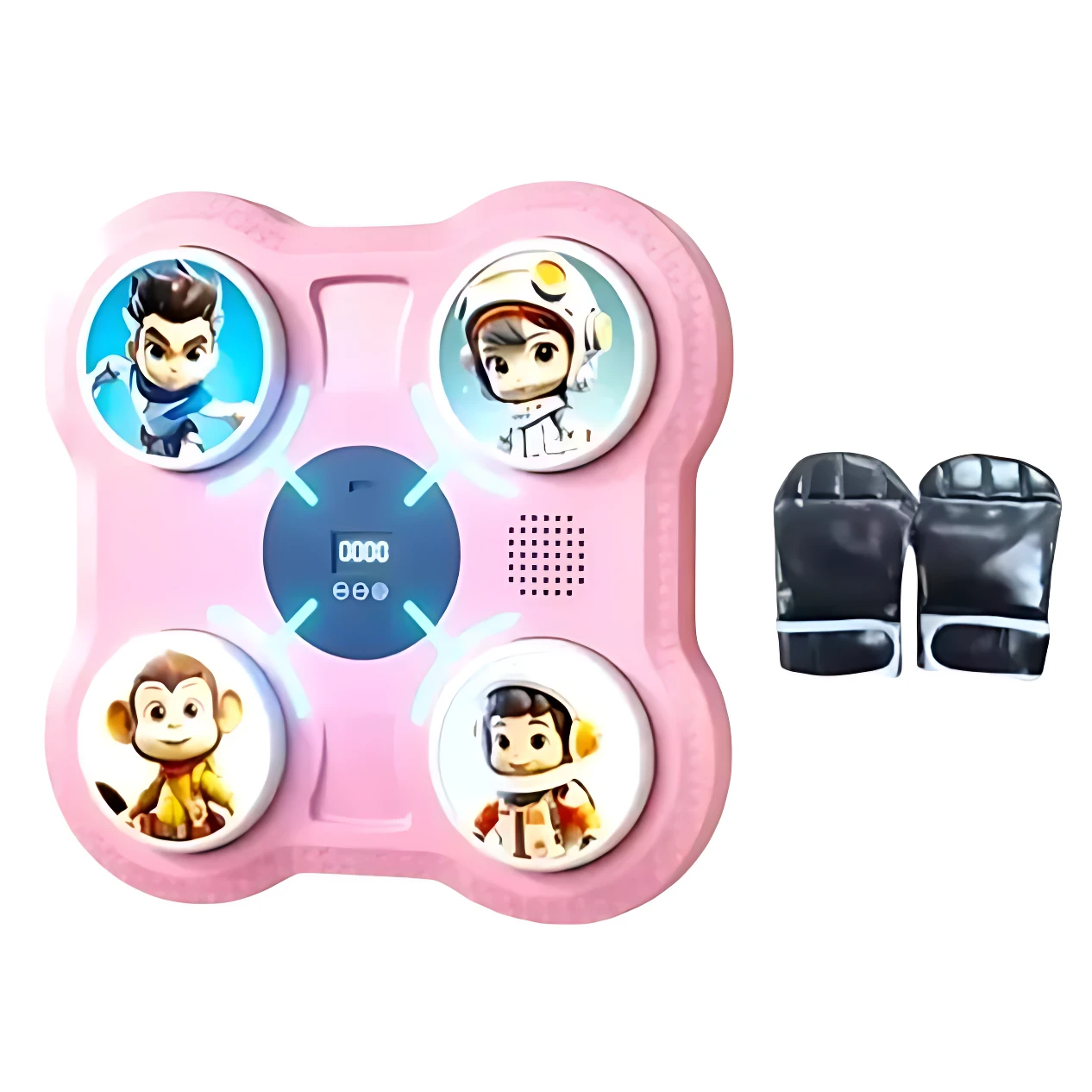 Consola rosa con cuatro botones ilustrados de personajes animados, pantalla central digital y altavoz, acompañada de dos guantes de boxeo negros con detalles blancos.