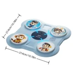 Boxeo electrónico infantil en color azul claro con cuatro guantes interactivos ilustrados con personajes animados, medidas de 27,4 cm por lado.