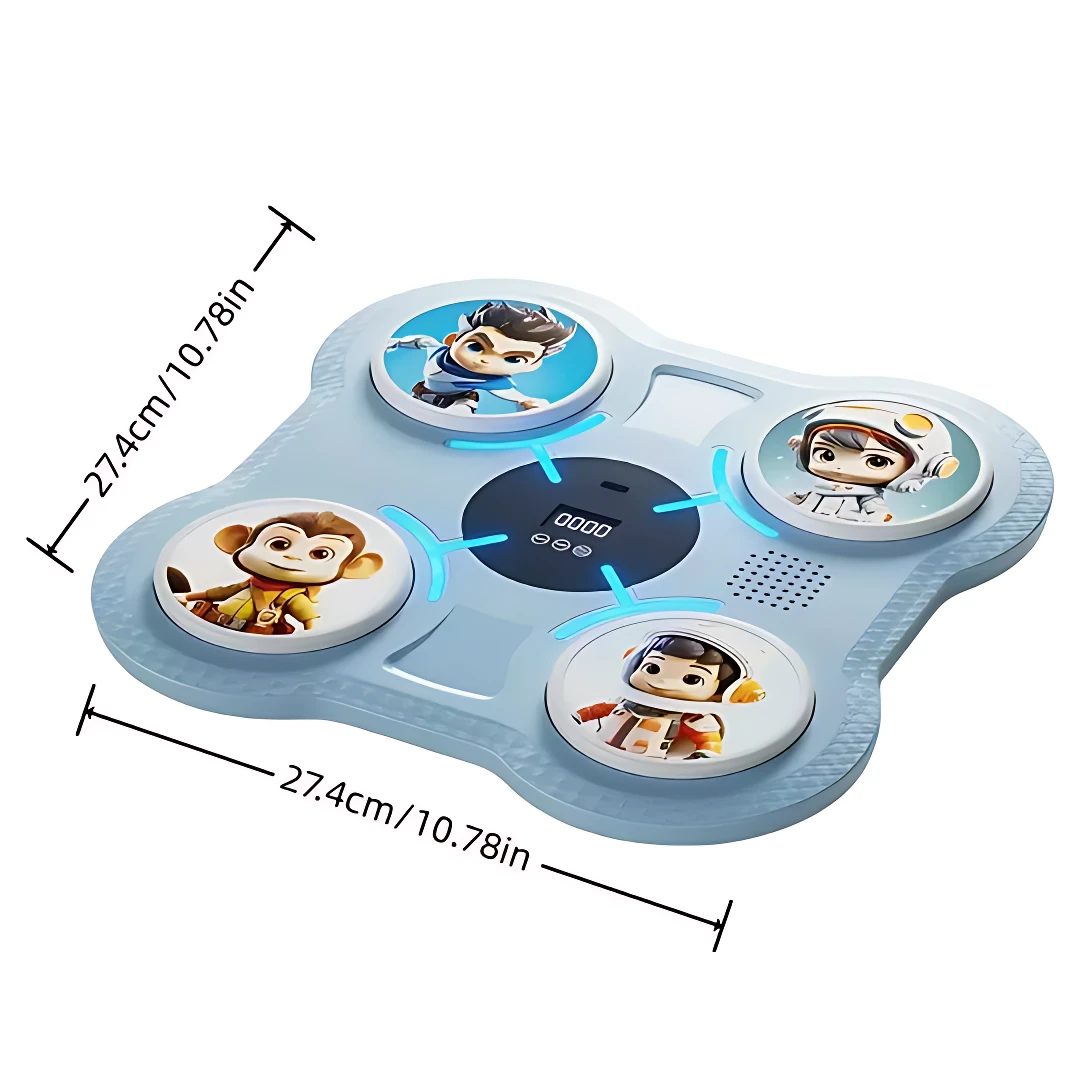 Boxeo electrónico infantil en color azul claro con cuatro guantes interactivos ilustrados con personajes animados, medidas de 27,4 cm por lado.
