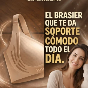 Brasier push up sin varillas en tono nude, con costuras laterales y textura suave. Modelo sonriente usando el producto en contexto de uso diario.