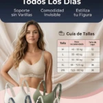Brasier push up sin varillas en tonos beige, verde oliva y negro, con diseño invisible y soporte natural para realzar la figura. Incluye guía de tallas y botón de compra.