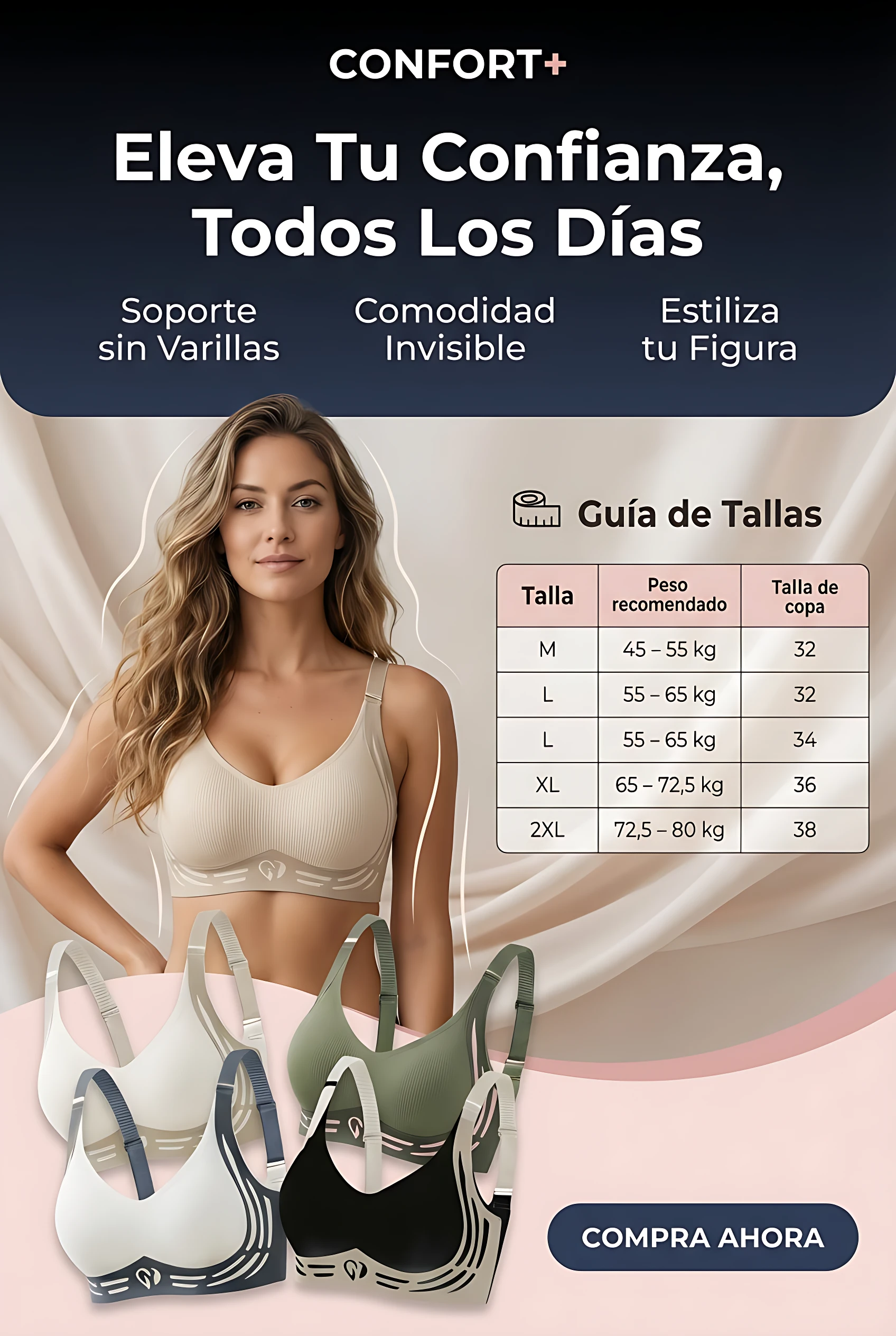 Brasier push up sin varillas en tonos beige, verde oliva y negro, con diseño invisible y soporte natural para realzar la figura. Incluye guía de tallas y botón de compra.