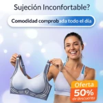 Brasier push up sin varillas en color blanco con detalles grises, mostrado por una mujer sonriente en contexto de uso diario.