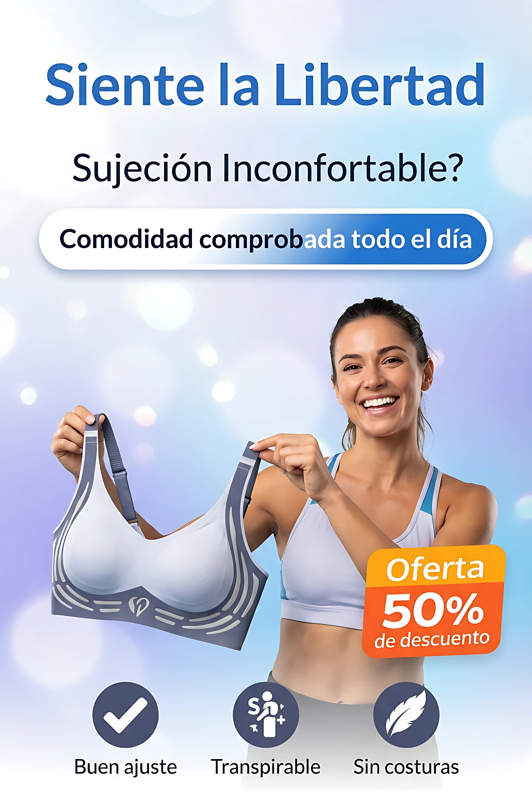 Brasier push up sin varillas en color blanco con detalles grises, mostrado por una mujer sonriente en contexto de uso diario.