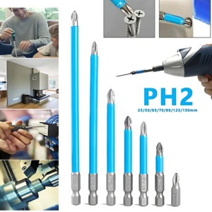 Set de brocas magnéticas PH2 en azul con puntas de 25 a 190 mm, ideales para tornillos pequeños y espacios reducidos.