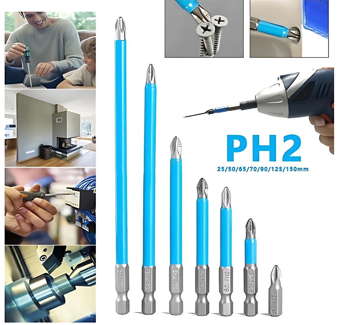 Set de brocas magnéticas PH2 en azul con puntas de 25 a 190 mm, ideales para tornillos pequeños y espacios reducidos.