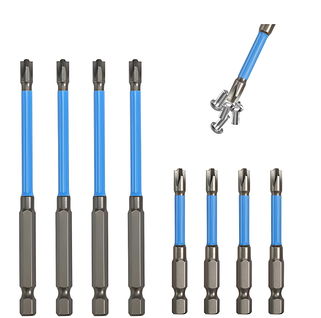 Set de brocas magnéticas PH2 con agarre seguro, en color azul y gris, mostrando ocho puntas de tornillería y un accesorio de sujeción para espacios reducidos.