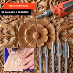 Set de brocas de tallado para madera con puntas perfiladas, mostrando relieve floral y herramienta eléctrica en uso.