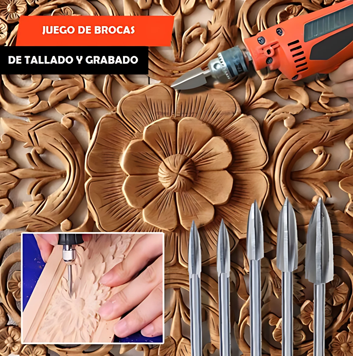 Set de brocas de tallado para madera con puntas perfiladas, mostrando relieve floral y herramienta eléctrica en uso.