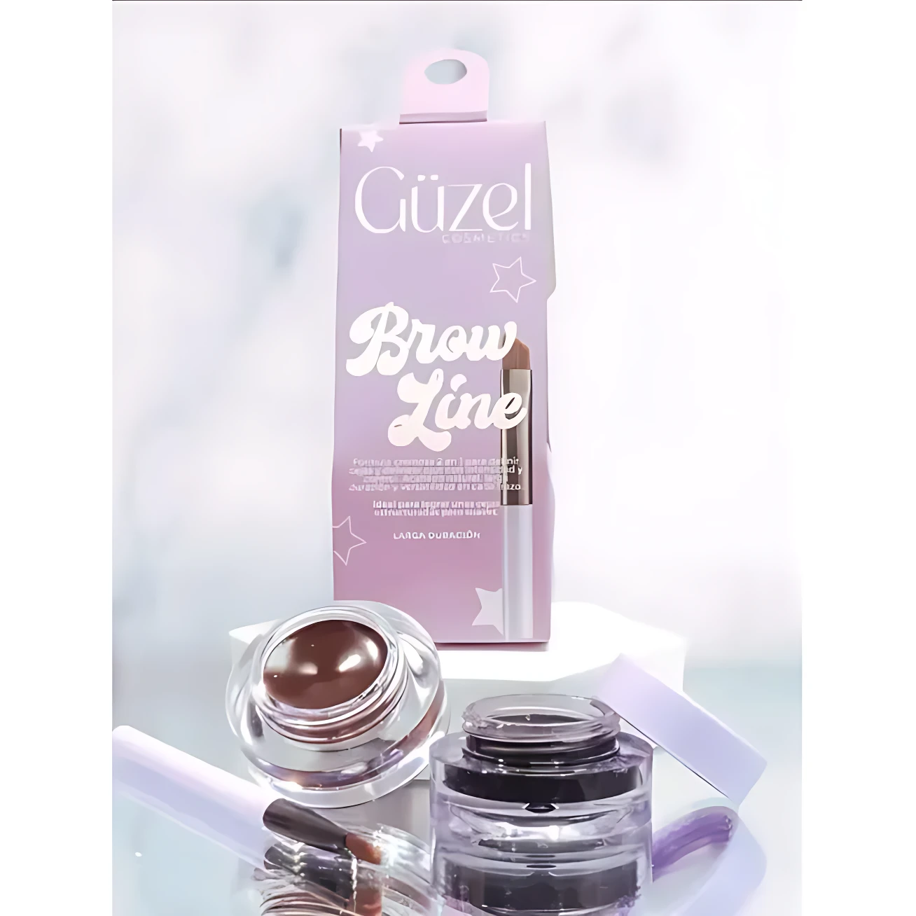 Pack de pomada para cejas Guzel con acabado natural y pigmentación intensa, mostrando el tubo en su caja rosa y el producto abierto junto a su aplicador.