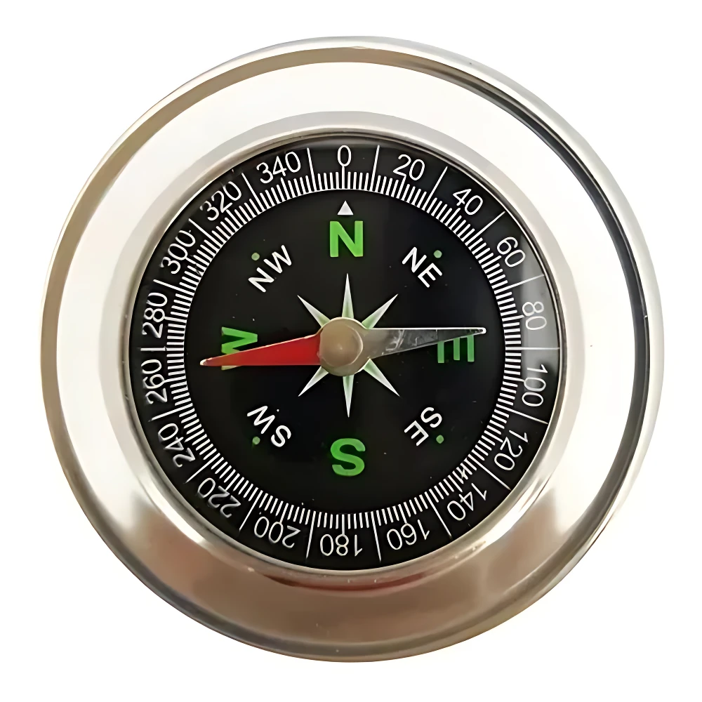 Brújula de bolsillo magnética con carcasa metálica plateada, dial negro y brújula roja y verde, escala de 0 a 360 grados.