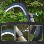 Cabezal de hoz de acero al manganeso montado en palo, con mango curvo y sistema de sujeción ajustable. Detalle de corte y fijación en tres vistas.