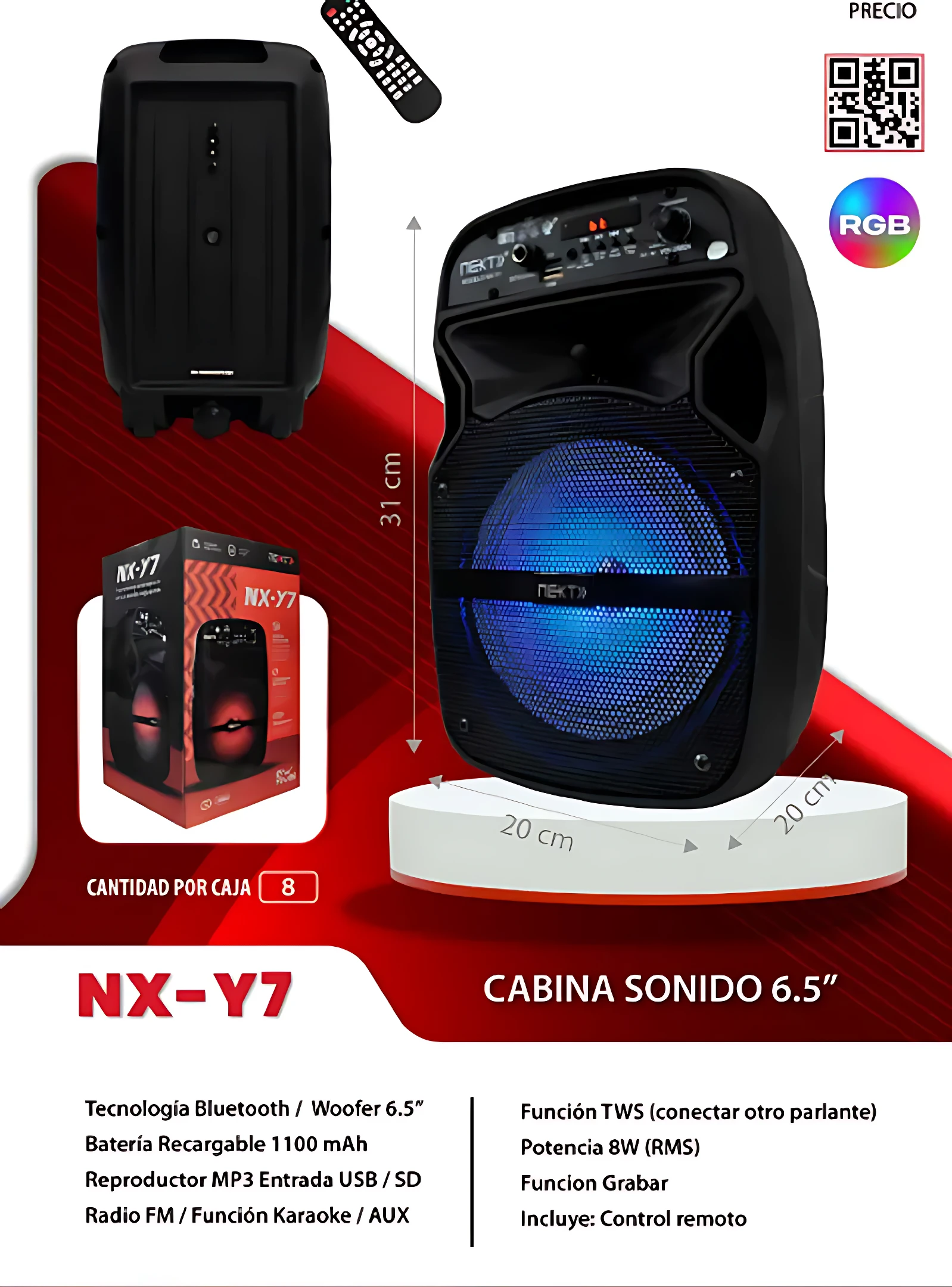 Cabina parlante negra de 6.5 pulgadas con luces RGB, control remoto y caja de presentación. Medidas visibles: 31 cm de alto, 20 cm de ancho y profundidad.