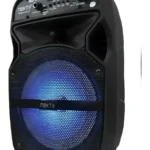 Cabina parlante negra de 6.5 pulgadas con luces LED azules en la rejilla frontal y controles de audio en la parte superior.