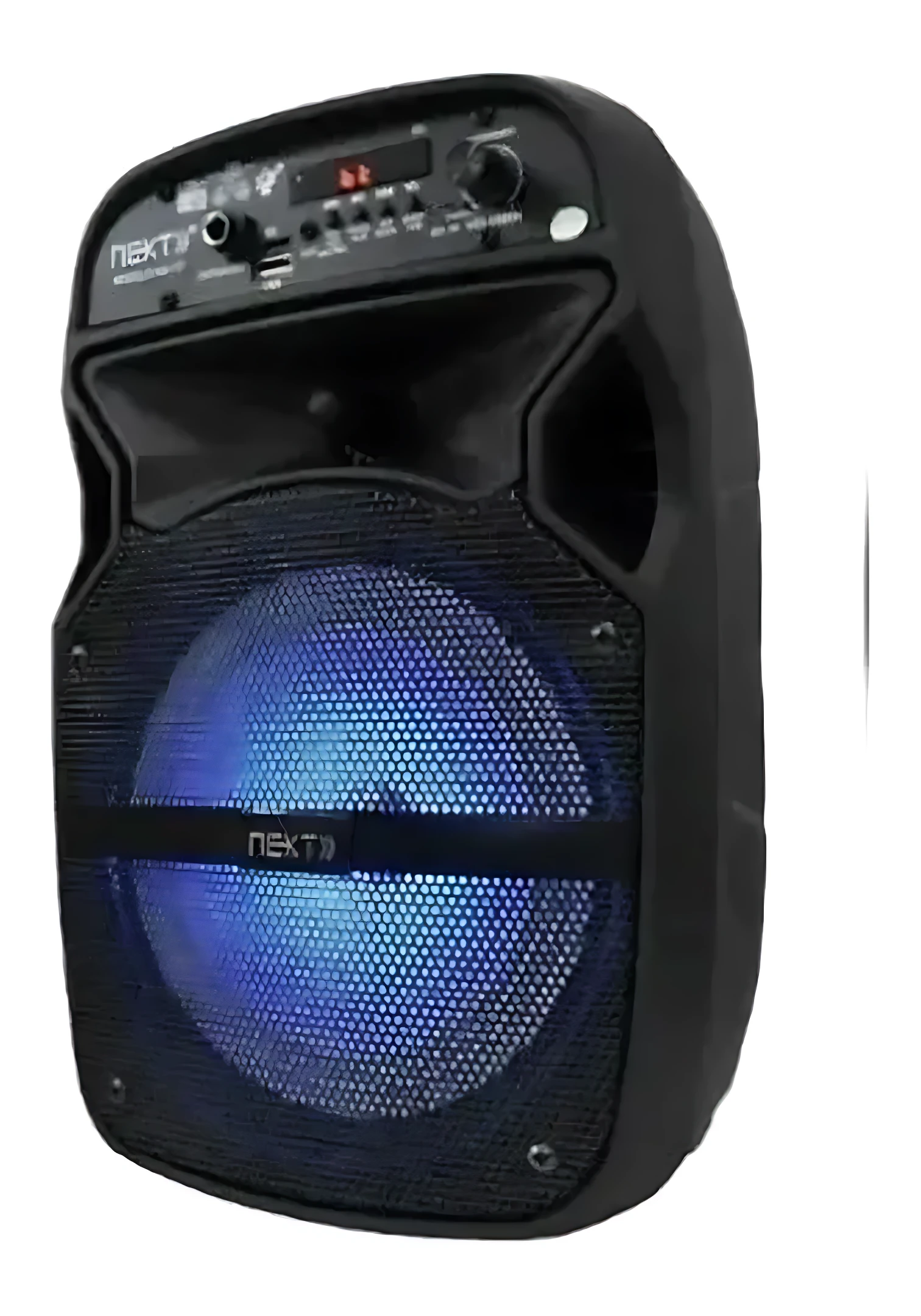 Cabina parlante negra de 6.5 pulgadas con luces LED azules en la rejilla frontal y controles de audio en la parte superior.