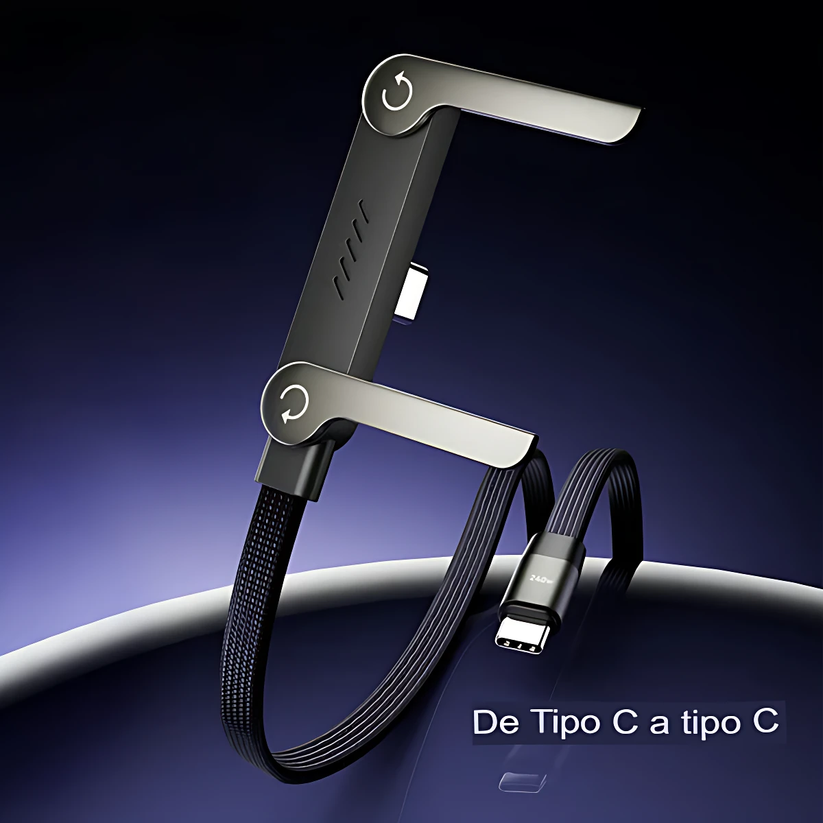 Cable 2 en 1 negro con soporte telescópico plegable, mostrando conectores USB-C y diseño compacto sobre fondo oscuro.