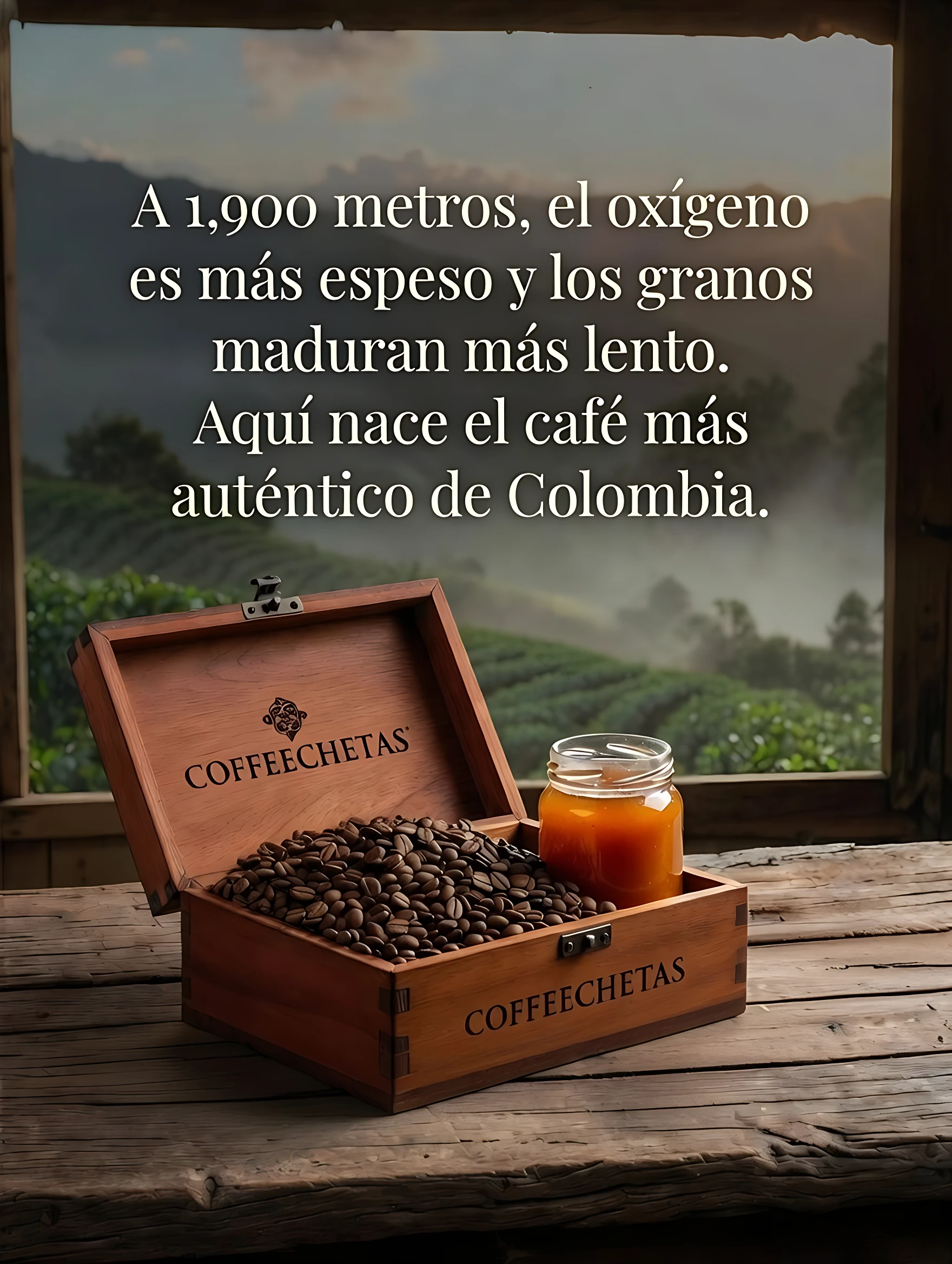 Caja de madera abierta con granos de café tostado y frasco de miel, sobre mesa rústica frente a paisaje montañoso; texto sobre altura de cultivo y autenticidad colombiana.