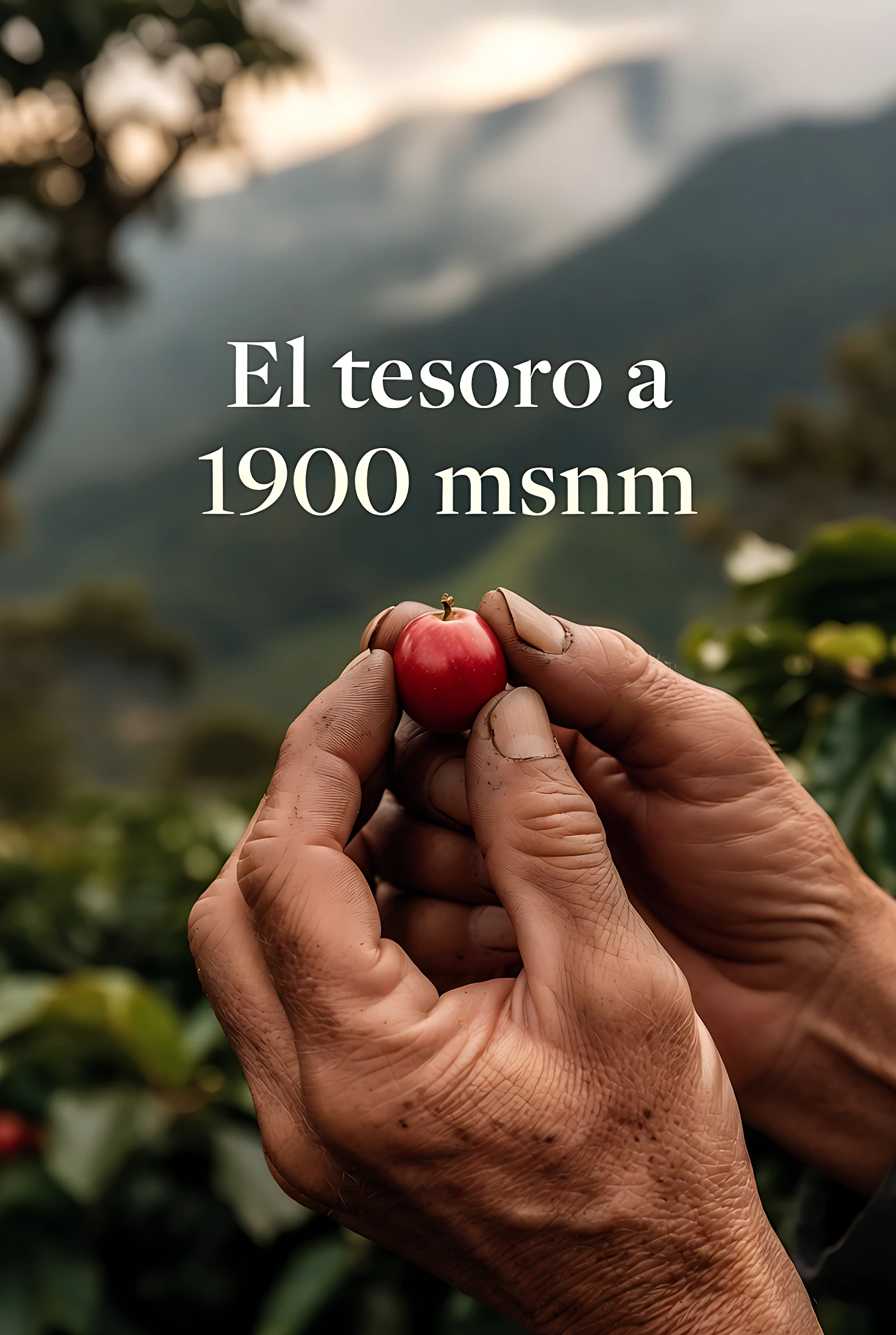Manos sosteniendo cereza de café roja en campo de altura, con montañas al fondo. Producto: Set x2 Café Especial Oso Frontino de 1.900 msnm.