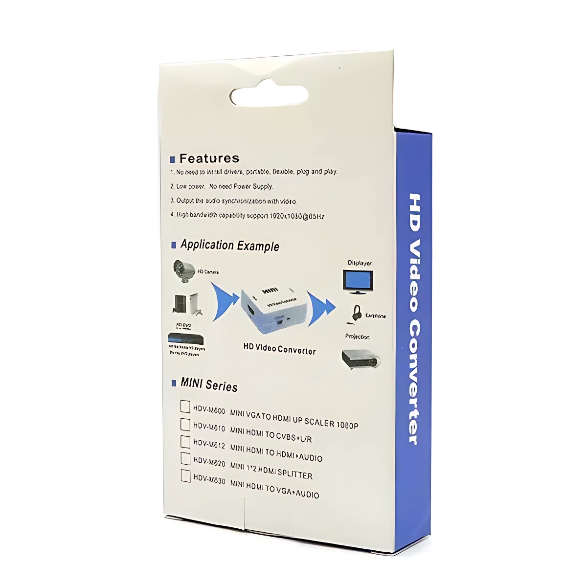Caja de convertidor HDMI a RCA en color blanco con detalles en azul, mostrando diagrama de conexión y lista de modelos compatibles.