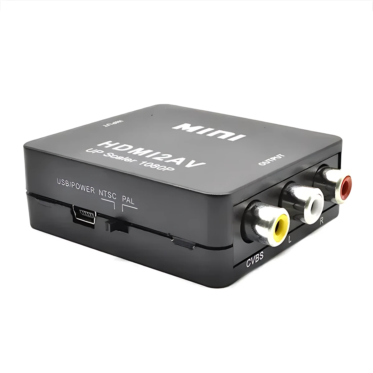 Caja convertidora HDMI a RCA en color negro, con conectores amarillos, blancos y rojos visibles, y puerto USB lateral.