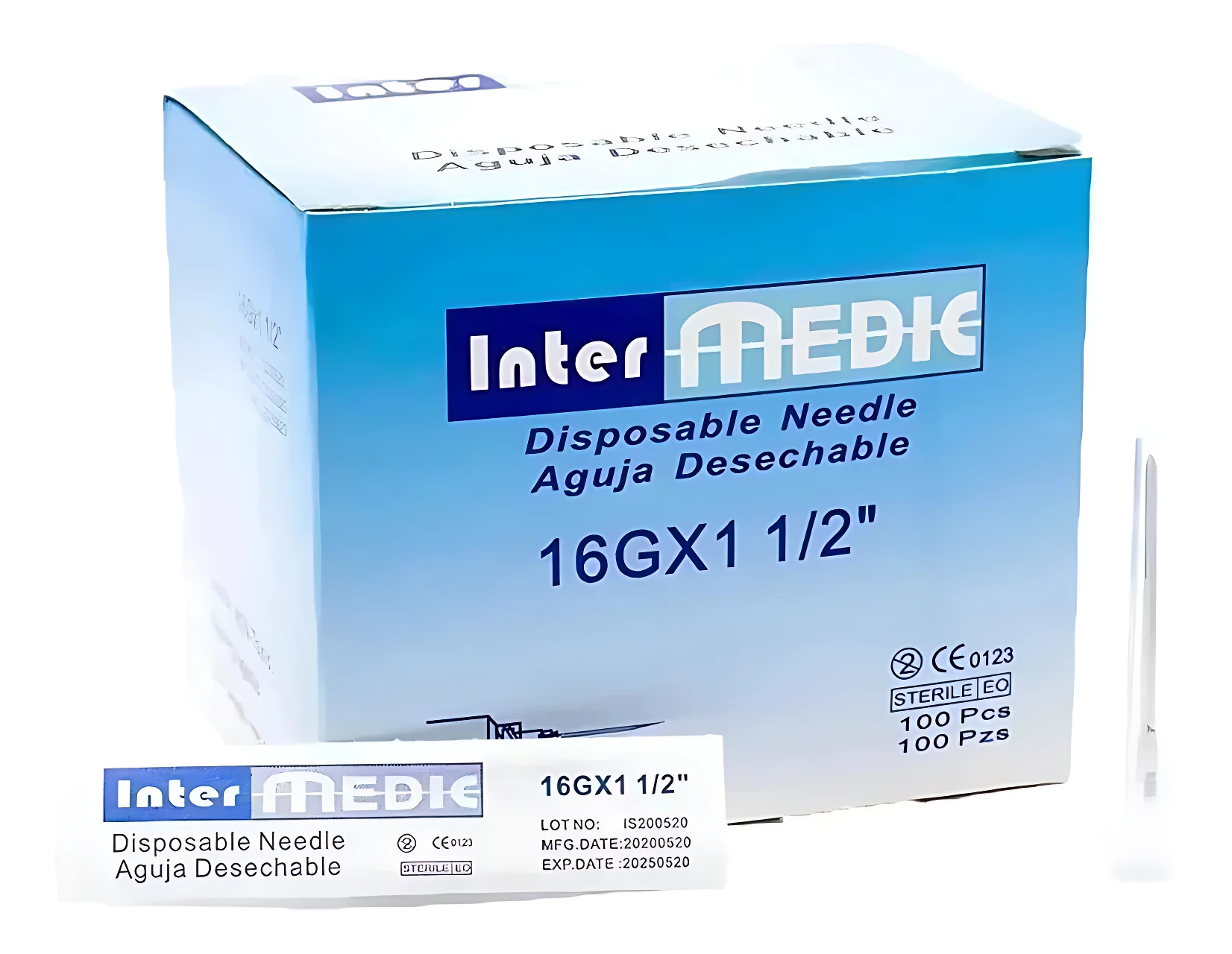 Caja azul de 100 agujas esterilizadas Intermedic modelo 16GX1 de 1/2 pulgada, con etiqueta frontal y aguja individual visible al lado.