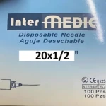 Caja de 100 agujas esterilizadas Intermedic, modelo 20x1/2, para uso veterinario. Incluye de la aguja y detalles de empaque.