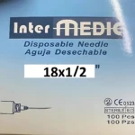 Caja de 100 agujas esterilizadas Intermedic, modelo 18x1/2 pulgadas, con de aguja y texto en español e inglés.