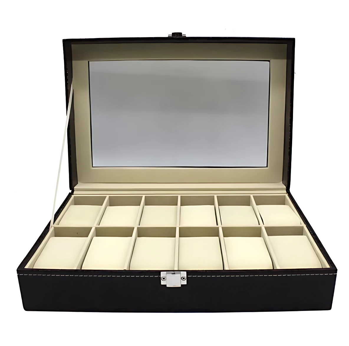 Caja organizadora de relojes negra con cristal superior, interior beige con 12 compartimentos individuales y cierre metálico frontal.