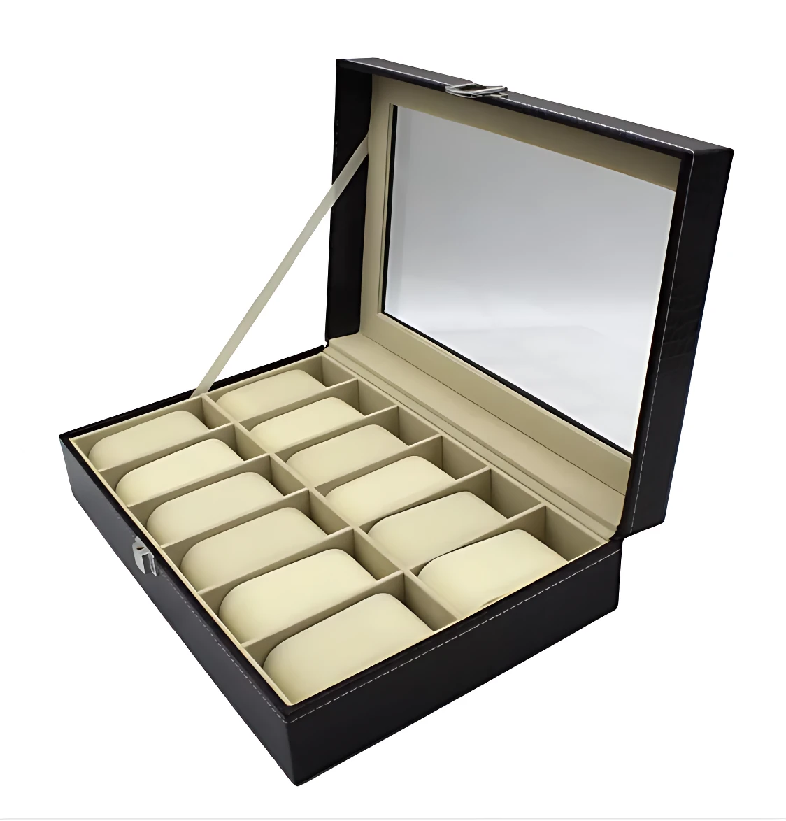 Caja organizadora de relojes negra con cristal superior y espejo interior, mostrando doce compartimentos acolchados beige para exhibición y almacenamiento.