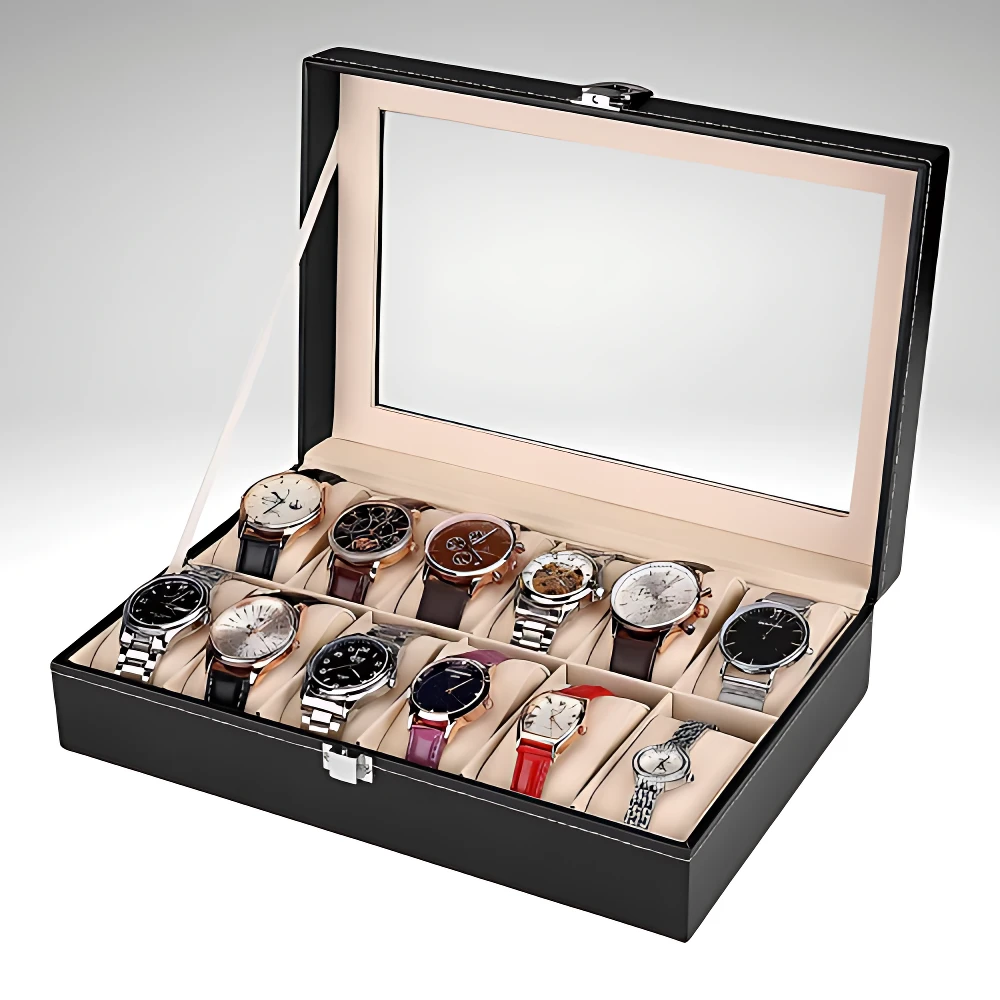 Caja organizadora de relojes negra con cristal superior, mostrando doce espacios para exhibir piezas en interior beige.