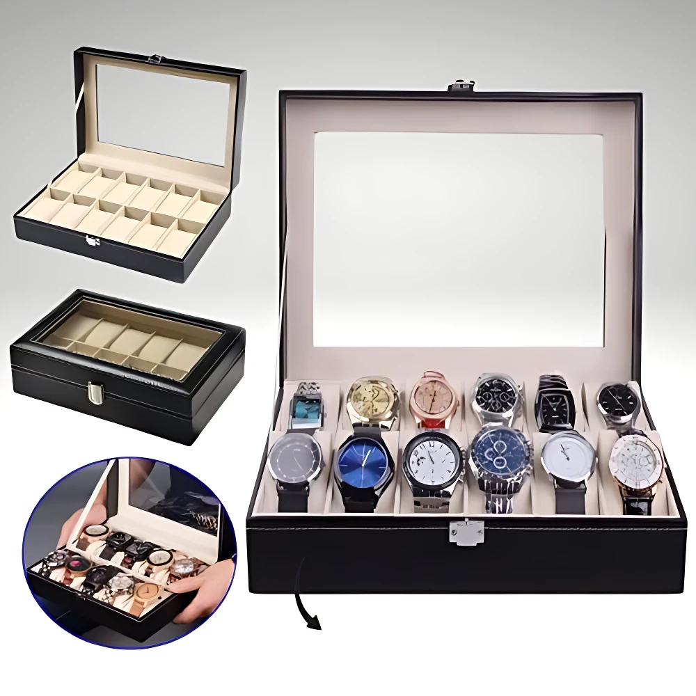 Caja organizadora de relojes de cuero negro con cristal superior, mostrando interior con múltiples compartimentos y varios relojes exhibidos.