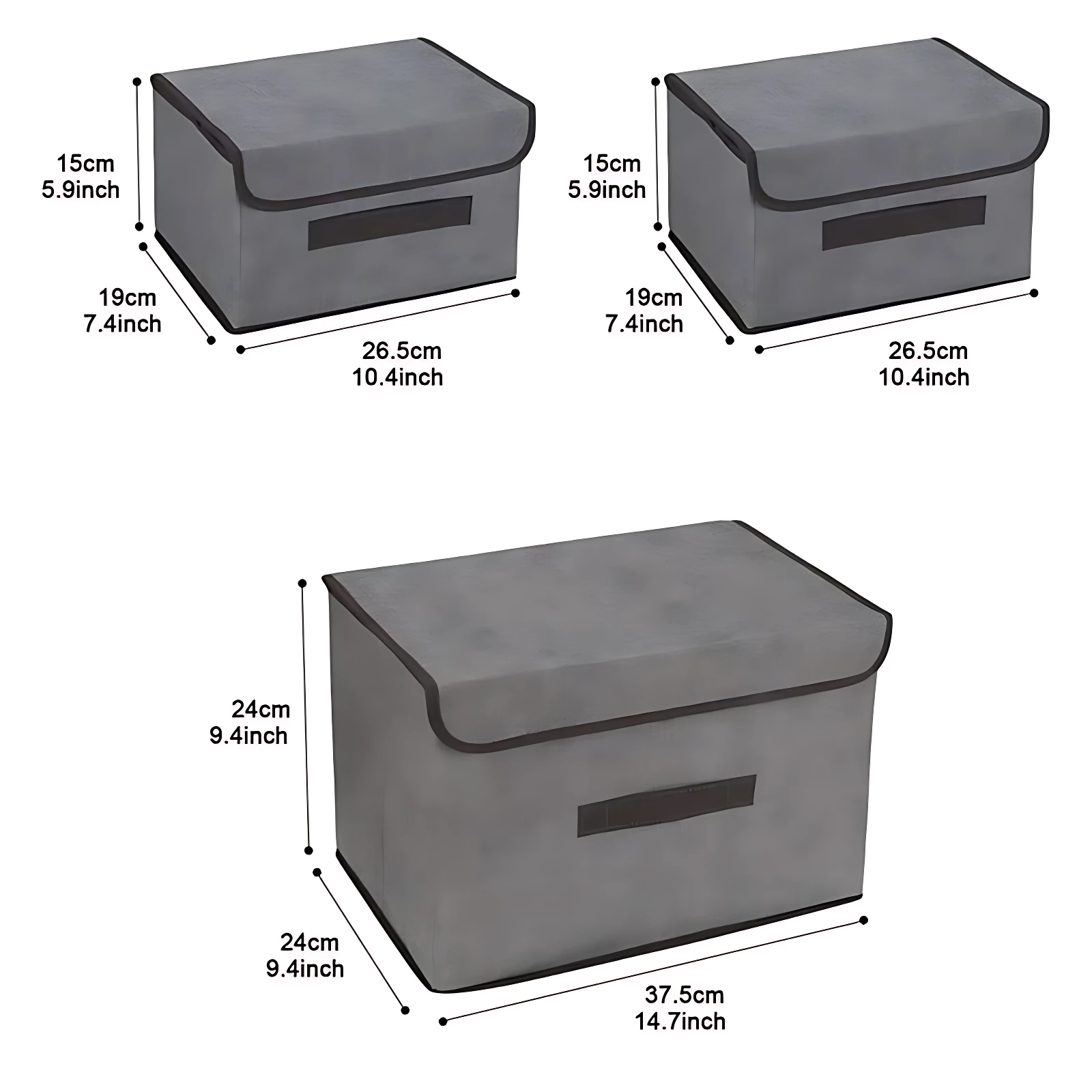 Caja organizadora de tela gris con tapa y velcro, en tres tamaños: 26.5 cm, 37.5 cm y 24 cm de altura, ideal para guardar ropa y accesorios.