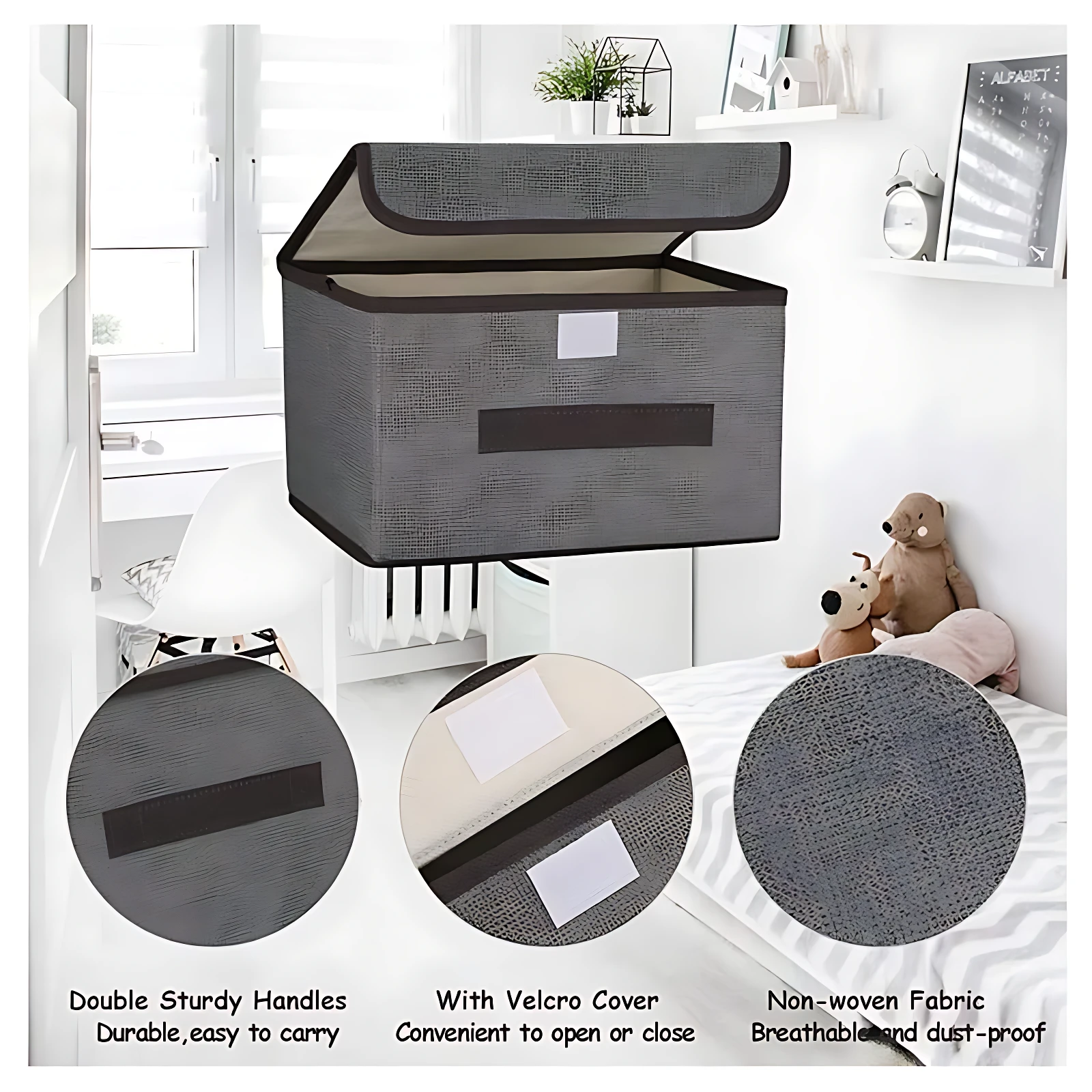 Caja organizadora de tela gris con tapa y cierre de velcro, ideal para guardar ropa en armarios; incluye detalles de textura, asas reforzadas y material transpirable.