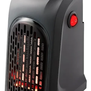 Calefactor de ambiente negro con rejilla frontal, panel digital en la parte superior y botón rojo lateral.