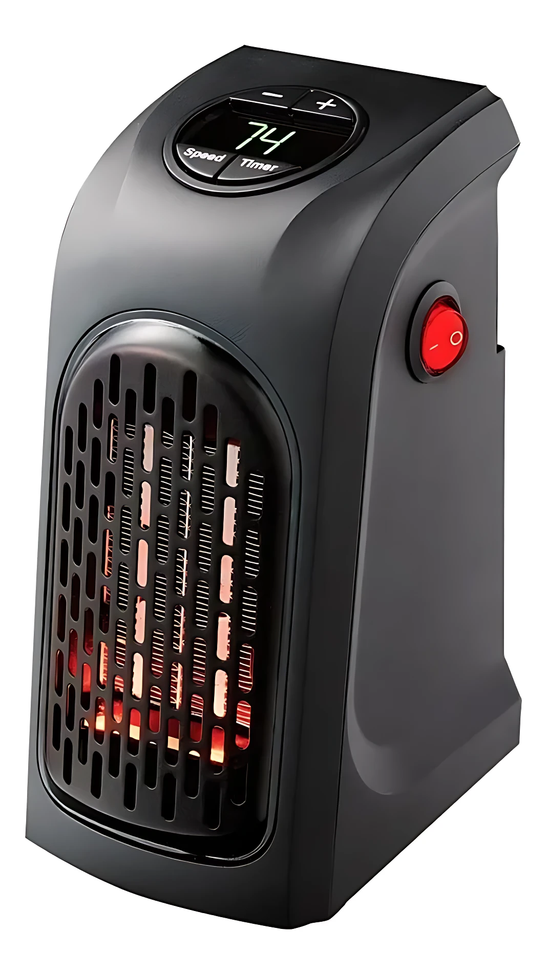 Calefactor de ambiente negro con rejilla frontal, panel digital en la parte superior y botón rojo lateral.