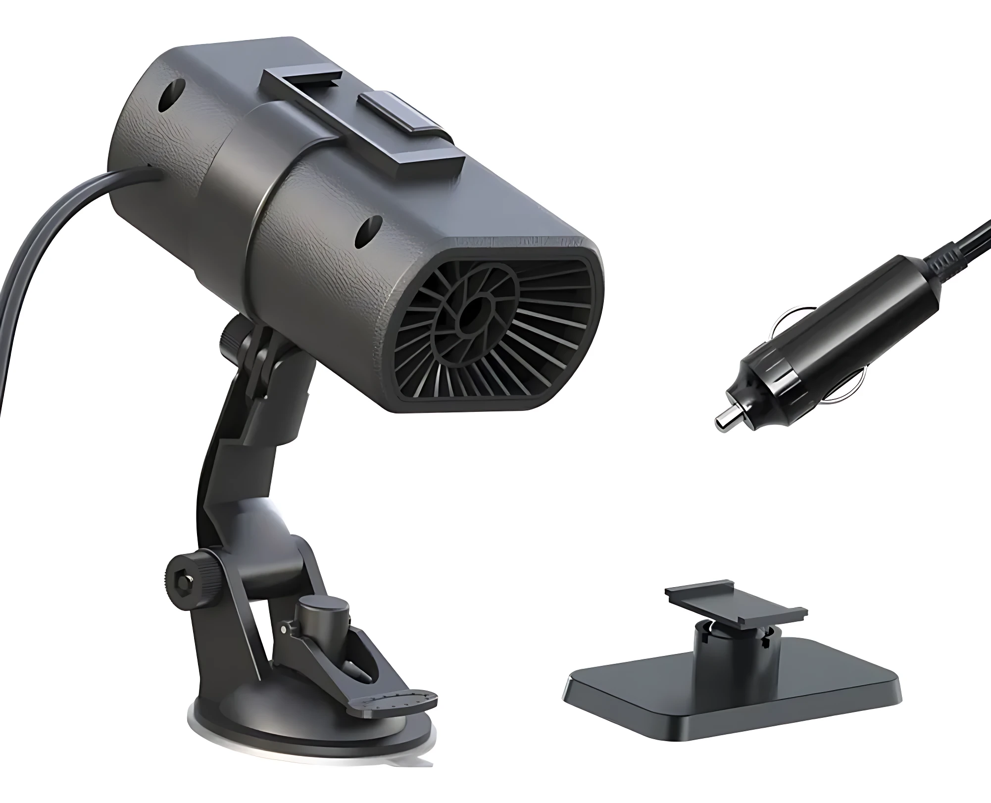 Calefactor eléctrico negro para auto con base de ventosa, cable de alimentación y adaptador de encendedor, diseñado para descongelar cristales y calentar el interior.