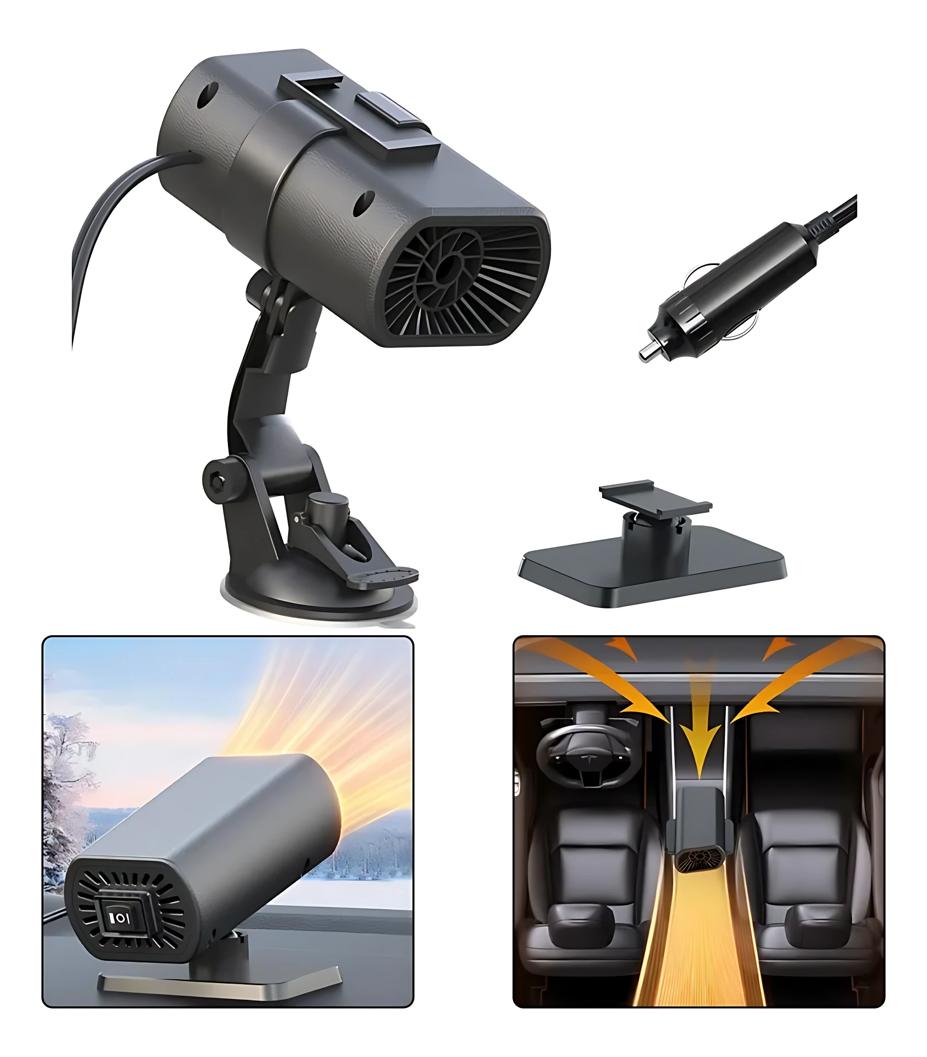 Calefactor eléctrico negro para auto con soporte de ventosa y adaptador de encendedor, mostrando ventilación frontal y uso en interior de vehículo.