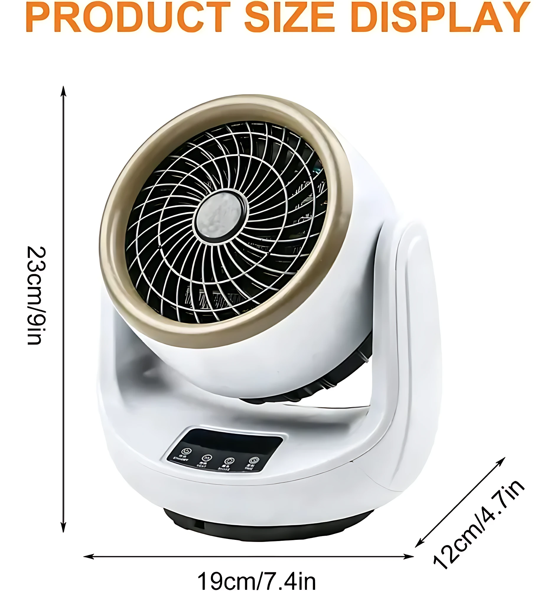 Calentador de ambiente digital blanco con detalles dorados, mostrando dimensiones de 23 cm de alto, 19 cm de ancho y 12 cm de profundidad.