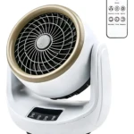 Calentador de ambiente digital blanco con detalles dorados, rejilla circular visible y mando a distancia incluido.