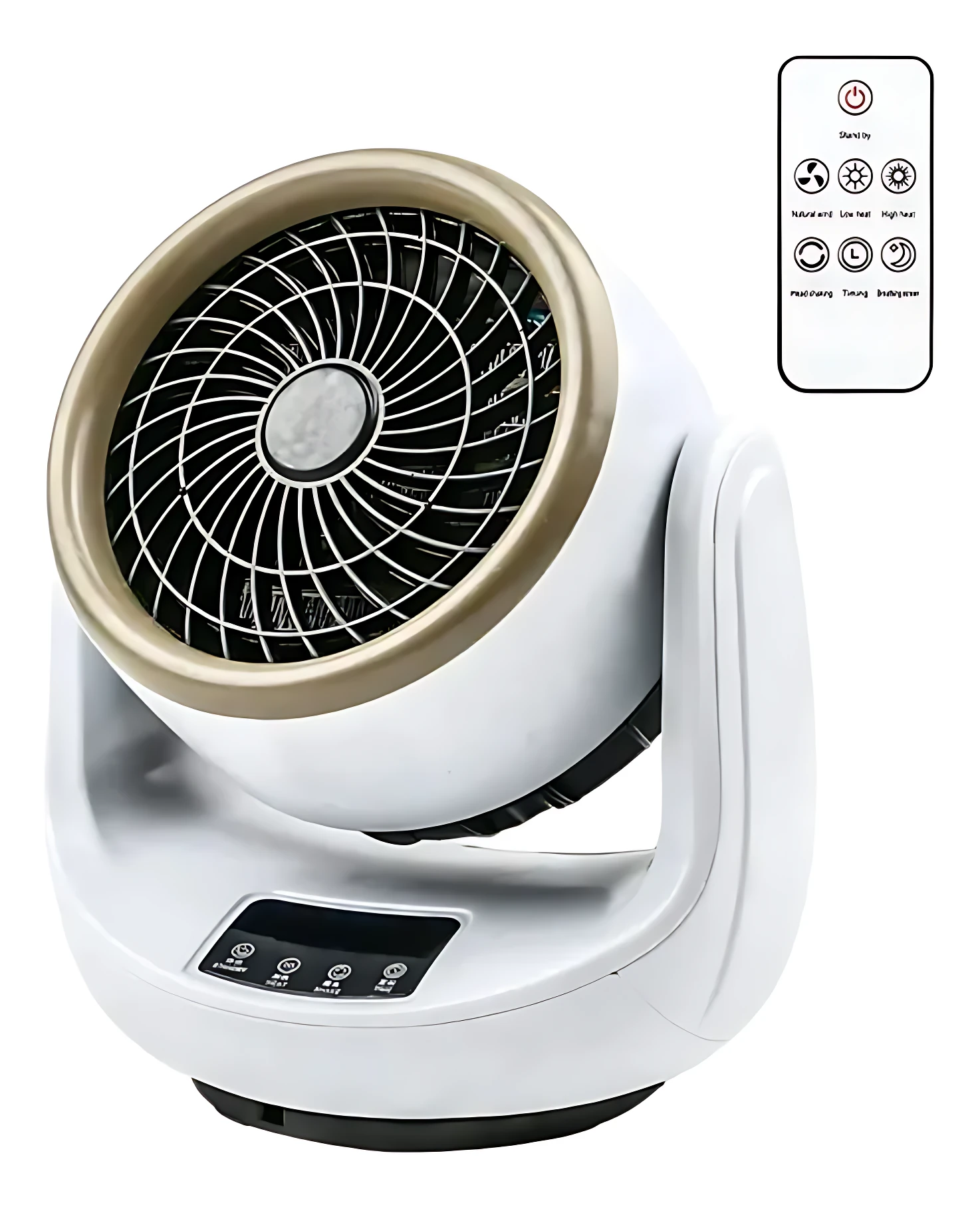 Calentador de ambiente digital blanco con detalles dorados, rejilla circular visible y mando a distancia incluido.